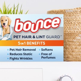Bounce Pet Hair and Lint Guard Mega Dryer Sheets with 3X Pet Hair Fighters, Unscented, 130 Count