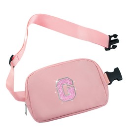 COSHAYSOO Pink Belt Bag Small Waist Fanny Pack Crossbody Purse with Initial Letter Patch Zipper Pockets for Women Girl Travel Everywhere, Cross Body Traveling Pouch Preppy Thanksgiving Gifts (G)
