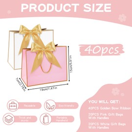 HOSTK 40Pack Gift Bags with Handles, Party Favor Bags White&Pink Gift Bags with Handles, Mini Paper Candy Bags with Ribbon for Wedding Birthday Bridal Shower Baby Shower