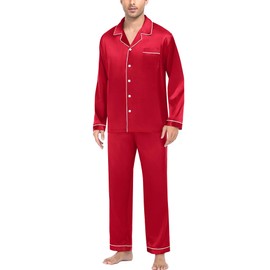 SWOMOG Mens Silk Satin Pajamas Set Long Sleeve Sleepwear Button-Down Pj Two-piece Loungewear with Long Pants (Christmas Red，XX-Large)