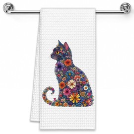 Floral Cat Kitchen Towel, Colorful Kitten Hand Towel for Cat Lovers