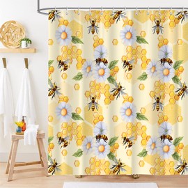 PAOPOED - Cortina de ducha de abeja, color amarillo, miel floral, diseño de panal de abeja, plantas de campo, decoración de baño, tela de poliéster de 72 x 72 pulgadas, cortina de baño impermeable con