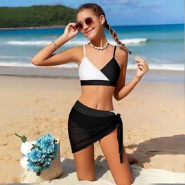 BOVOSHA Girls 3 Piece Bikini Sets for Kids Swimsuits Straps Tops + Briefs + Beach Cover Up Baisthing Suits (Black, 12-14T)