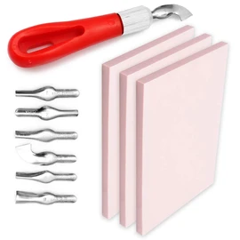 Printmaking Supplies Starter Kit by Pixiss - 3x Stamp pad, 15x Ink Pads for Rubber Stamps, Hobby Knife Pen with 6 Blades, Stamp Carving Tool - Essential Print Making Materials