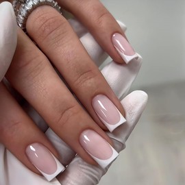 24pcs False Nails French Tip - Fake Nails with Glue - Nude Press on nails French Tip - Medium Stick on Nails - 12 Size Full Cover Square Nail Tips and Glue for Women DIY Manicure