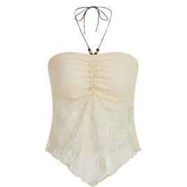 Floerns Women's Contrast Lace Ruched Beaded Tie Backless Halter Cami Crop Top Beige Medium