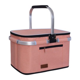 LIQING 35L Large Picnic Basket, Shopping, Travel, Camping Grocery Bags, 2 Layers of Internal Pockets Leak-Proof and Insulated, Folding, Internal Support Does Not Collapse (Pink)