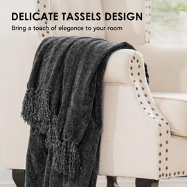 EVERGRACE Soft Chenille Throw Blanket for Couch, Cozy Plush Fuzzy Decorative Chenille Knit Throw Blanket with Tassels, Lightweight Blanket and Throws for Bed Sofa Gift Home Decor, Iron Black 50"x60"