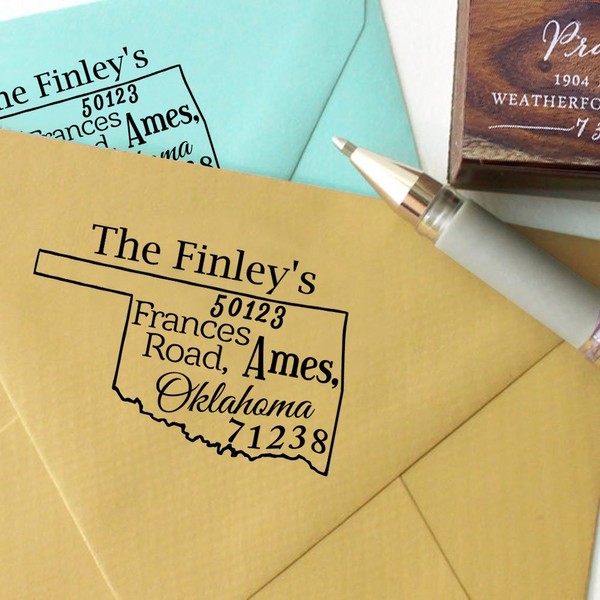 Custom Oklahoma State Map Stamp Wood Mounted Rubber Stamp Return