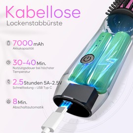 Kabellose Lockenstabbürste, 2024 NEU Tragbare Reise-Lockenstab-Minibürste für Frauen, 7000 mAh USB-aufladbare Lockenstabbürste mit negativen Ionen, Grau