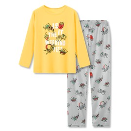 Beezizac Boys Pajamas Yellow Game & Snacks 2-PC Fun Long Sleeve PJ Set Kid Cozy Sleepwear Children Size 10