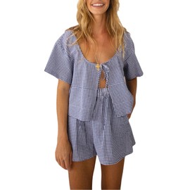 Nicoxijia Striped Pajamas for Women 2 Piece Pjs Shorts Set Puff Sleeve Tie Front Peplum Shirts Gingham Shorts Y2k Lounge Set (Blue, S)