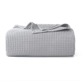 100% Cotton Waffle Blanket (Light Grey - Twin Size - 66 * 90''), Pre-Washed and Anti-Shrinkage Soft Lightweight Bed & Couch Blanket, 380 GSM Waffle Weave Throw Blanket for All Seasons
