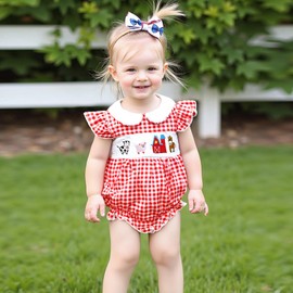 baorji Newborn Baby Girl Romper Farm Outift Animals Embroidery Smocked Onesie Ruffle Plaid Bodysuit Country Summer Clothes (Red, 0-3 Months)