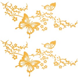 GORGECRAFT 2 Sheets Butterfly Flower Vine Hawaiian Car Decals Set Women Car Rearview Mirror Stickers PET Waterproof Sticker Reflective Bumper Decal for Auto Truck SUV Wall Art Laptop (Gold)