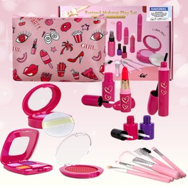 KAEGREEL Kids Pretend Makeup Kit for Girls, 15pcs Toddler Princess Makeup Kit with Cosmetic bag, Birthday for Little Girls Aged 36 Months（NOT Real Makeup）