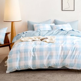 Wake In Cloud - Gingham Comforter Set, Plaid Buffalo Check Checkered Cottagecore Cute Geometric, Soft Lightweight Bedding, 3 Pieces, Light Blue White, Twin/Twin XL Size