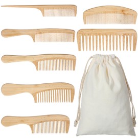 Honeydak 7 Pcs Bamboo Comb Set Natural Handmade Anti-static Wide Tooth Rat Tail Fine Tooth Combs Designed for Long, Short, Thick, Thin, Curly or Wavy Hair Detangling Suitable for Both Women and Men