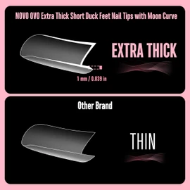 NOVO OVO Extra Thick Short Duck Feet Nail Tips Full Cover for Press on Acrylic with Moon Curve, Short Clear Pre-Etched Matter Flare Wide French Soft Gel Fake False Nail Extension x 15 Sizes 240 pcs