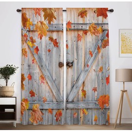 Funnytree Autumn Window Curtain Fall Thanksgiving Rustic Barn Wooden Door Print Curtains Home Decor Rod Pocket Darkening Drapes for Bedroom Living Room 2 Panels 82 in x 84 in