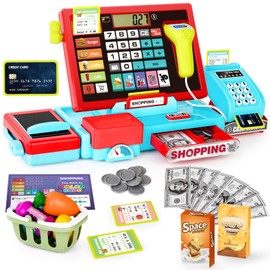 Electronic Toy Cash Register with Calculator Function, Play Money, Microphone, Scanner and Scales with Music Function, Pack of 52 Grocery Shop Accessories, Role Play Toy, Educational Toy for Children