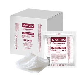Medrull - Sterile Gauze Swabs, Pack of 100 (20 x 5 Pieces) 8-Ply, 7.5 cm x 7.5 cm, Absorbent Dressings, Bandage Material, Gauze Bandages, Wound Dressings
