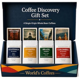 UNIQBITE Single Origin Coffee Gift Set, Whole Bean Arabica Coffee Sampler, Small Batch Roasted Artisan Coffee from Colombia, Ethiopia, Brazil and Guatemala, Giftable Box, 12 Oz (340 g)