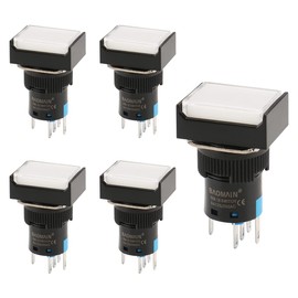 Baomain 5-Pack 16mm (5/8") 12V DC Momentary Push Button Switch with LED,White Rectangular Cap,5-Pin SPDT 1NO+1NC,5A 250V AC