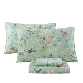 URBONUR Garden Floral Sheets Set Sage Green 4Pcs King Size, Egyptian Cotton Silky Cooling Bed Sheets Set, Wrinkle Resistant Deep Pocket 16 Inches (King, Green Leaves Butterfly & Floral)