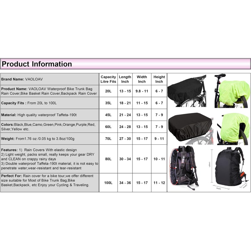 VAOLOAV 80L a 100L - Soporte trasero para bicicleta, cubierta