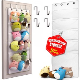 Squishmallow Holder - Over The Door Space Saving Storage Solution with 5 Large Pockets - Quick 1-Minute Installation - Organize and Display Squishmallows - Durable and Easy Access for Kids