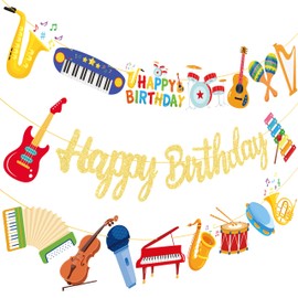 Musical Instrument Birthday Party Banners Gold Happy Birthday Banners Music Instrument Theme Party Hanging Decorations for Musician Birthday Party Music Theme Baby Shower Supplies