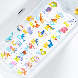 Kids Bath Mat with Ocean Theme Design, 40x16 inches, Non-Slip with 200 Suction Cups, Cartoon Sea Animals Pattern (Letter+Animal, 40 * 16in)