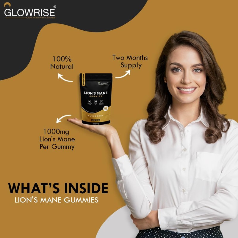 GLOWRISE Lions Mane Gummies 1000mg – Blueberry Flavor, Sugar-Free, Vegan