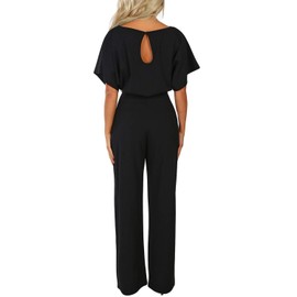 Happy Sailed Women Casual Loose Short Sleeve Belted Wide Leg Pant Romper Jumpsuits X-Large Black