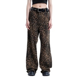 Aelfric Eden Leopard Print Jeans for Women Cheetah Print Pants Straight Leg Denim(A Size 1-2 Larger is Recommended)