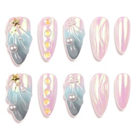 Handmade Nails Press On Small Almond Reusable Unique Fake Nails, Artistic Design, Thick Acrylic and Muti-Layer Gel False Nails Stick On, Size S