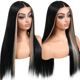 ENCOUNTEU Skunk Stripe Wear and Go Glueless Wig Pre Cut Pre Plucked Synthetic Lace Front Wigs for Women Black and Blonde Wig with Highlights Long Straight Middle Part Wig 26inch