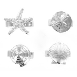 Pewter Seaside Seashell Starfish Napkin Rings Set of 4