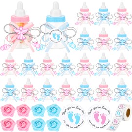 Vesici 61 Pcs Baby Shower Party Favors Set, 48 Mini Angel Milk Bottles 1 Roll Thanks Sticker 12 Artificial Roses for Newborn Baptism Party(Pink Blue)