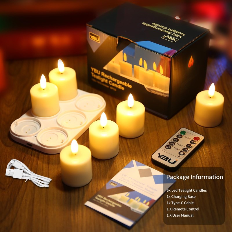 YBU Rechargeable Flameless Flickering Tea Light Candles with Remote &