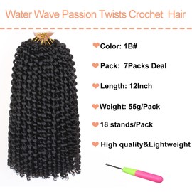 Mscat Passion Twist Hair 12 Inch Water Wave Crochet Hair 7 Packs Passion Twists Braiding Hair Bohemian Synthetic Hair Passion Twist Hair Extensions 1B#