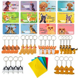 Dog Valentine Cards 24 Packs Puppy Valentines Cards Valentine's Classroom Exchange Prize 24 pcs Cute Dog Keychains for Valentine Cards