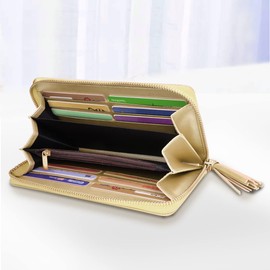 Coco Rossi Wallets for Women PU Leather Card Holder Organizer Ladies Clutch with Tassel Wristlet Wrist strap, Champagne Gold Glitter, long purse, Casual