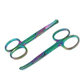 PRECISE CANADA: Set of 2 Multi Titanium Color Rainbow Safety Nose Mustache Scissor 3.5" Straight & Curved Stainless Steel