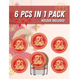 Onebttl Chinese New Year Decorations 2025 - Year of The Snake Gifts, 6 Pcs Coasters Lunar New Year Decorations for Drinks Absorbent with Holder and Corked Back - Red
