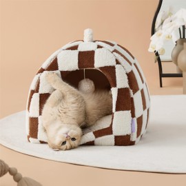 Lesure Cute Cat Beds for Indoor Cats - 2 in 1 Cat Cave Bed for Kittens and Small Pets, House with Removable Washable Cushioned Pillow, Cozy Tent House with Non-Slip Bottom, Brown, 16 inches