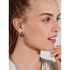 Suplight Hoop Earrings for Women, Sterling Silver Post Teardrop Earring Lightweight Waterdrop Hollow Open Hoops with Black Plated, Hypoallergenic Earrings Dupes for Women