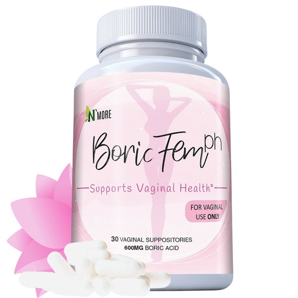 N'More Boric Acid Vaginal Suppositories - 100% Pure Vegetable Capsules - Made in USA - Intimate Health Support (30 Count, 600mg) - Boricfem Helps Support/Maintain Vaginal Health - Easy to Insert