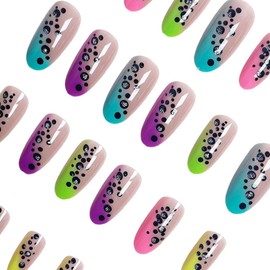 Almond Press on Nails with Glitter Polka Dots, Ombre Gradient Design Medium Fake Nails, Multi-Color Pink Purple Green Yellow Tips Glue on Nails for Women Girls, 24 Pieces